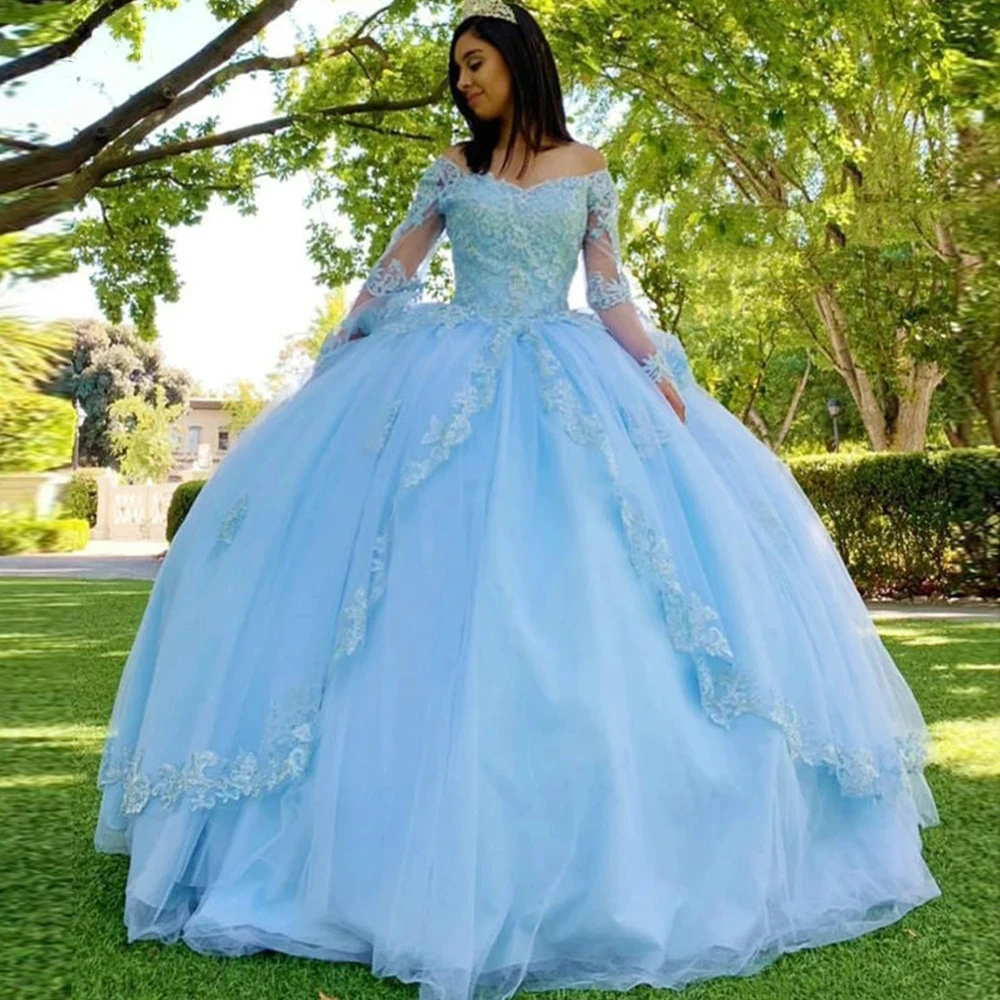 

ANGELSBRIDEP Light Sky Blue Quinceanera Dresses Sheer Long Sleeves Appliques Lace Crystals Celebrity Dresses Vestidos De 15 Años