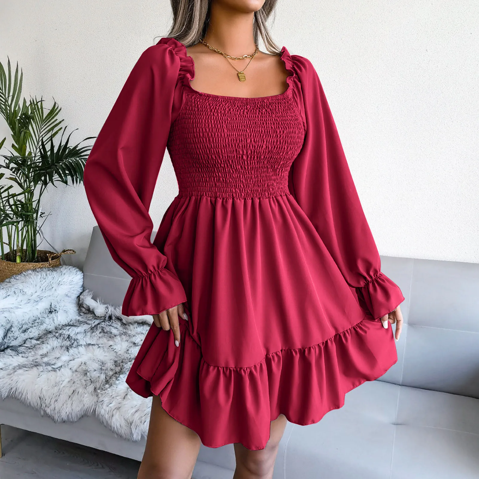 

Ladies Casual Floral Print A-line Dress Flared Long Sleeve Pleated Dress Square Neck Ruffle Swing Dress Elegant Flare Vestidos