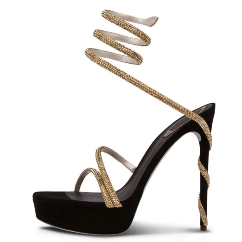 

2023 Summer New Thick Sole High Heels Snakes Wrapped Water Diamond Slim Heel Open Toe Sexy High Heel Sandals Large Women's Shoes