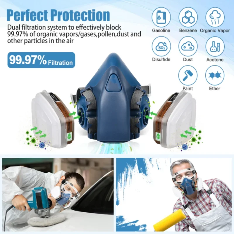 Masque Anti-Poussière Chantier 16en1 démonté avec pièces détachées pour illustrer le système de filtration.