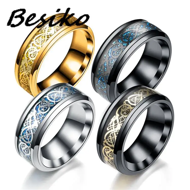 Besiko New 8Mm Men 8Mm Anelli Drago In Acciaio Inossidabile Intarsio Rosso Verde Nero Anello In Fibra Di Carbonio Gioielli Fede Nuziale