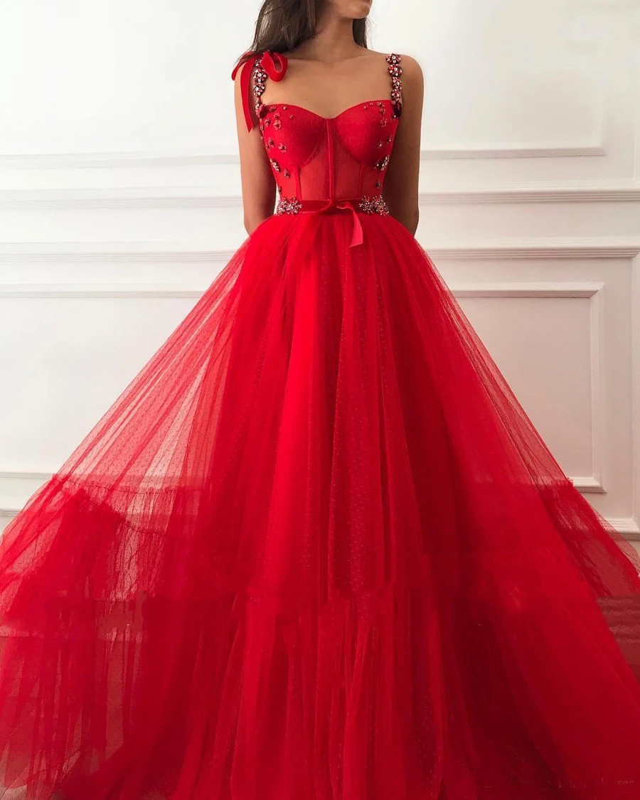 2022 Red Prom Dresses Spaghetti Straps Handmade Flower Crystal Floor Length Tulle Long Prom Gown robe de soiree For Women mermaid prom dresses