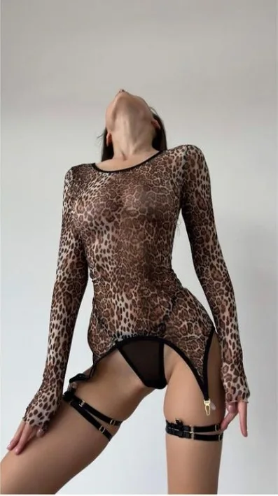 New sexy long sleeve leopard print translucent fashion women's suit for Amazon and cross-border sale
