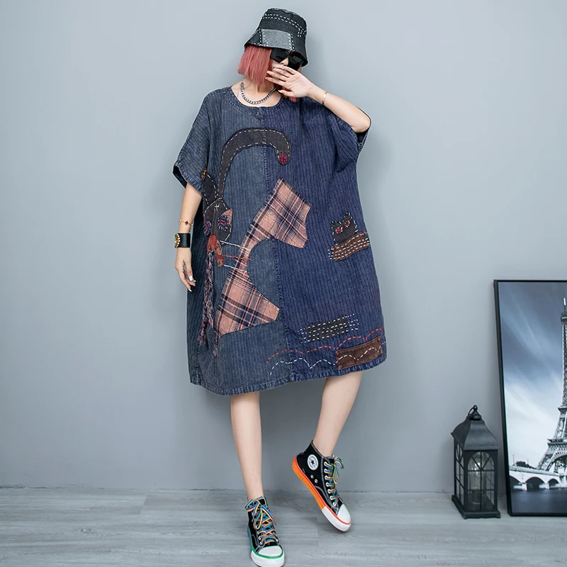 

Retro-style Loose Heavy Hand-embroidered Stickers Stitching Old Cloth Gown Women's 2023 Summer Mid-length Dress