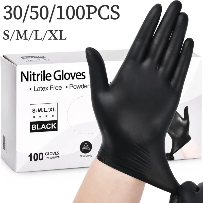Black Nitrile Gloves 30/50/100PCS Household Kitchen Bathroom Cleaning Dishwashing Nail Art Hair Dye Pets Latex Free