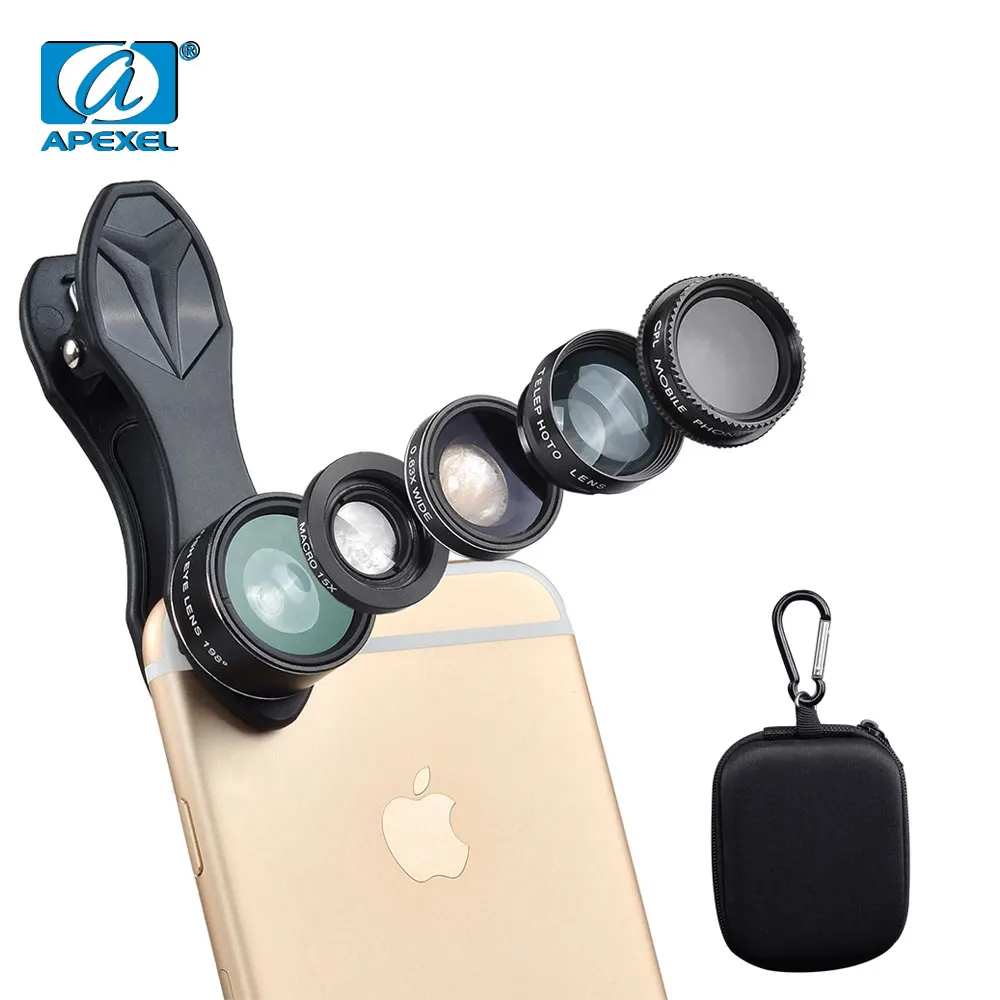 Apexel 5 In 1 Clip Fish Eye Lens Kit Grandangolo Macro Telescopio Cpl Lente Per Telefono Cellulare Per Iphone Xiaomi Telefoni Fisheye Lentes