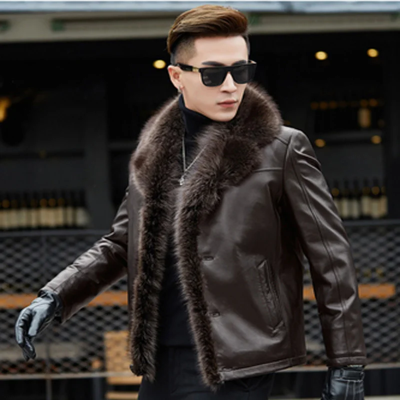 

Winter Clothing Raccoon Sheep Skin Leather Mens Long Sleeve Button Casual Slim Fit Casacas De Cuero Coat Office Business Jacket