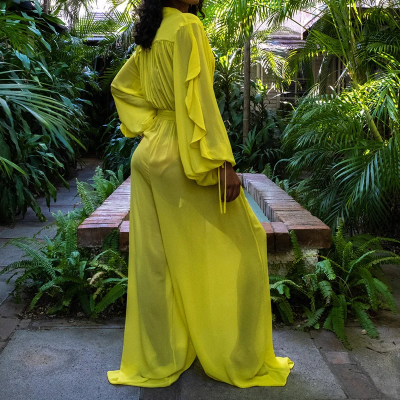 Jumpsuit Women Pink Green Wide Overalls 2023 Mesh See Through Sexy Nightclub Jumpsuits Long Sleeve Chiffon Wide Leg Jumpsuit