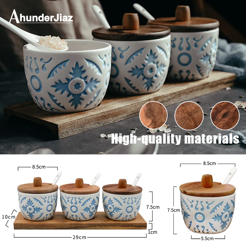 Kitchen Spice Box Set with Spoon, Ceramic Seasoning Jar, Sugar Salt Shaker, Embossed Round, 3 Pcs