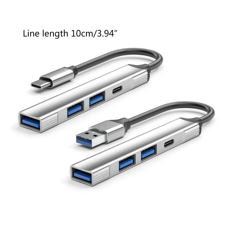 4 Ports Aluminum Alloy USB Hub with 2USB2.0 1USB3.0 TypeC Adapter Supports Type C and USB Devices 4