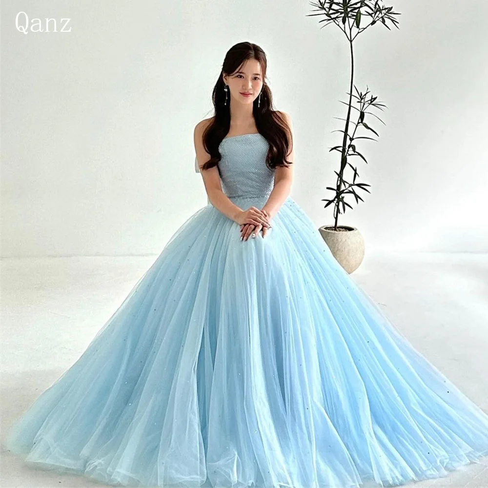 

Qanz синие Феи тюлевые платья для выпускного вечера без бретелек блестящее бальное платье корейское свадебное платье Роскошные вечерние платья для женщин 2023
