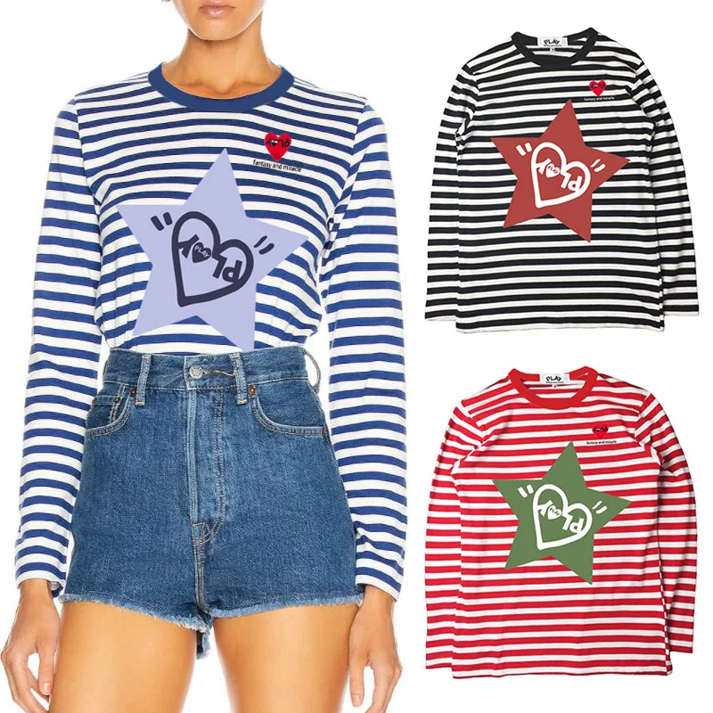 

Women Long Sleeve Striped T-shirt Heart Letter Embroidered Pentagram Letter Print Cotton O-Neck Spring Autumn Striped T-shirt