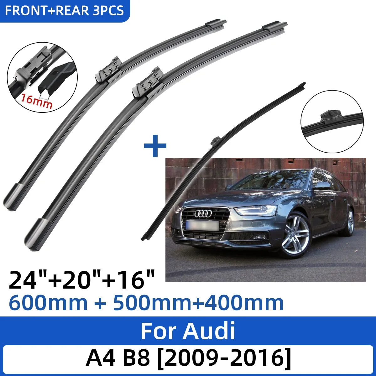 3PCSForAudiA4B820092016242016FrontRearWiperBlades