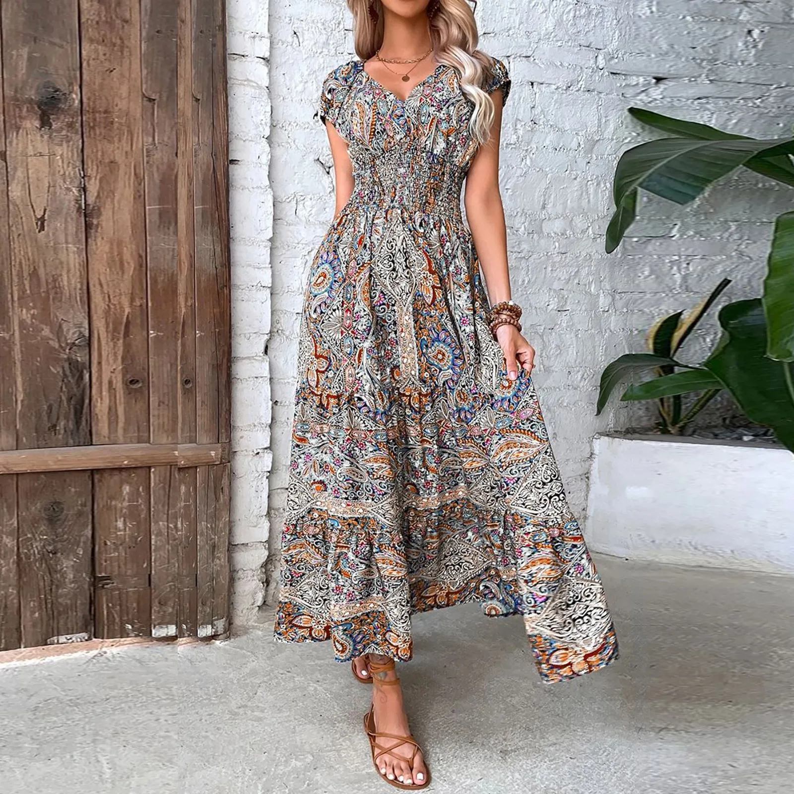 

Women's Summer Dress Short Sleeve Loose Casual V Neck Elastic High Waist Bohemian Print Long Tunic Swing Dresses For Women