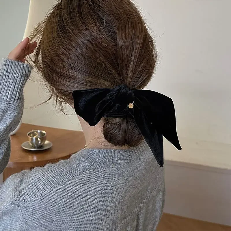 New Vintage Velvet Bow Scrunchie Rabbit Knot Hair Rope Ribbon Elastic Ponytail Holder Hair Tie Solid Accessories Winter
