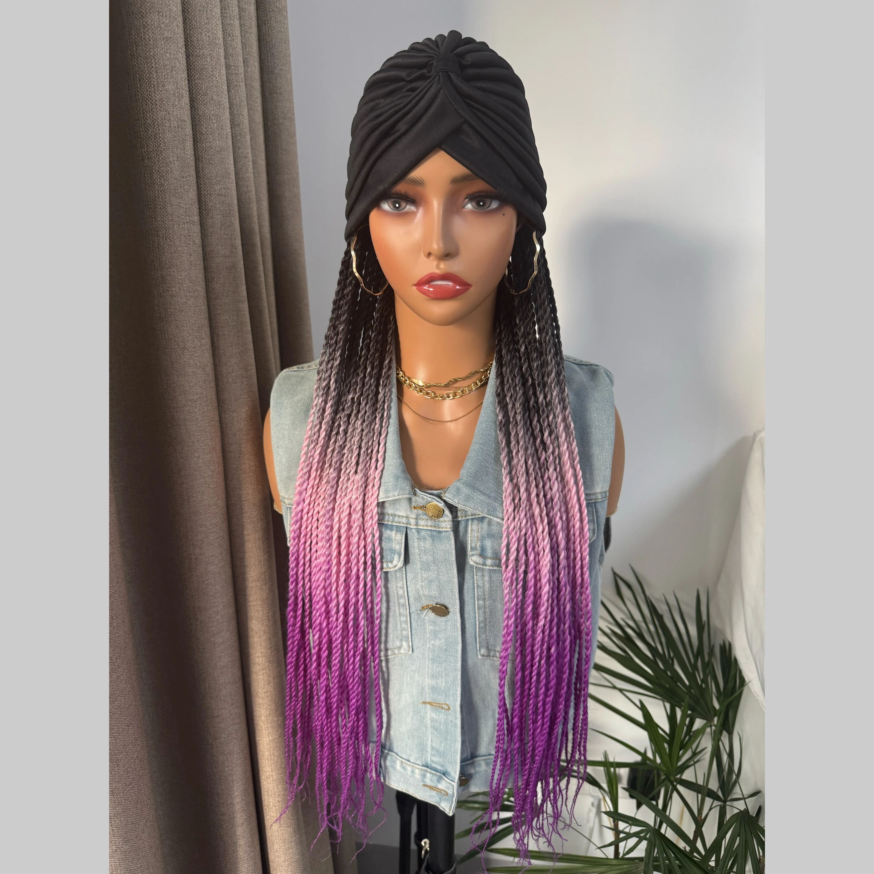 WIGERA Long 24Inch Ombre Fantasy Senegalese Twist Braided Synthetic Wig With Headband Turban Braiding Hair Extensions For Women