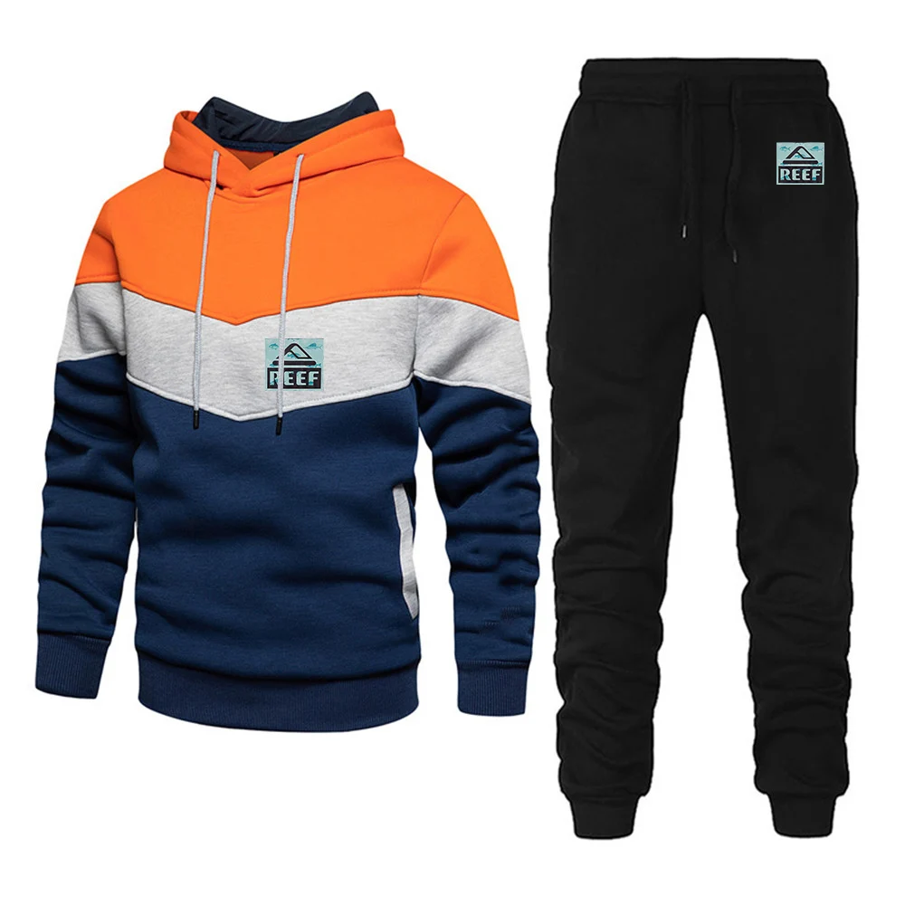 Reef 2023 Spring and Autumn New Comfortable Model Print Men Casual Three Color Stitching Patchwork Hoodies+ Trousers Set