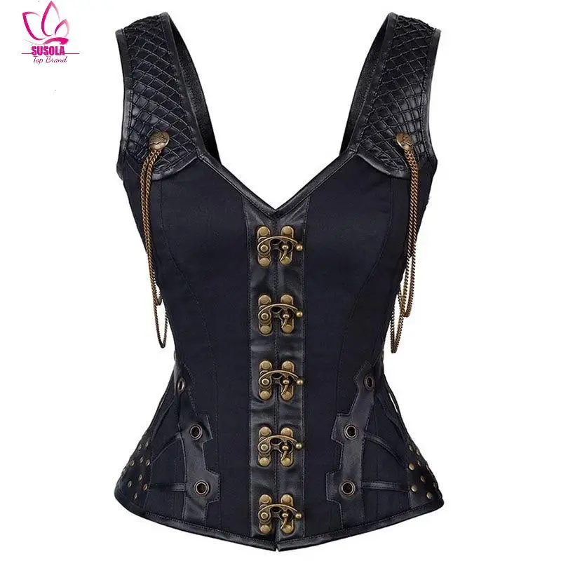 

SUSOLA Waist Trainer Corsets Leather Steampunk Corselet Gothic Clothing Waist Trainer Lingerie Slimming Party Corsets Bustiers