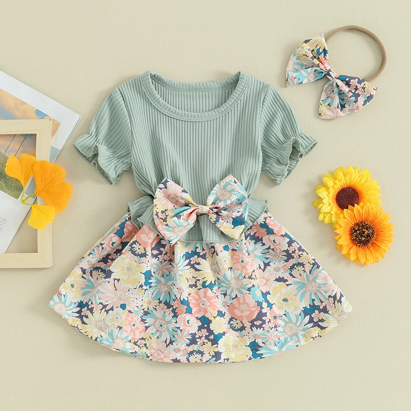 FOCUSNORM 0-3Y Toddler Baby Girls Cute Dress Floral Patchwork Short Sleeve Ribbed Bowknot A-Line Dress and Headband