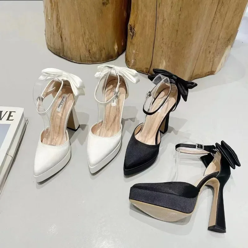 High Heels Women 2024 Summer New Fashion Satin Face Pointed Toe High Heel Sandals Bow One Word Buckle Thick Heel Women's Shoes 3