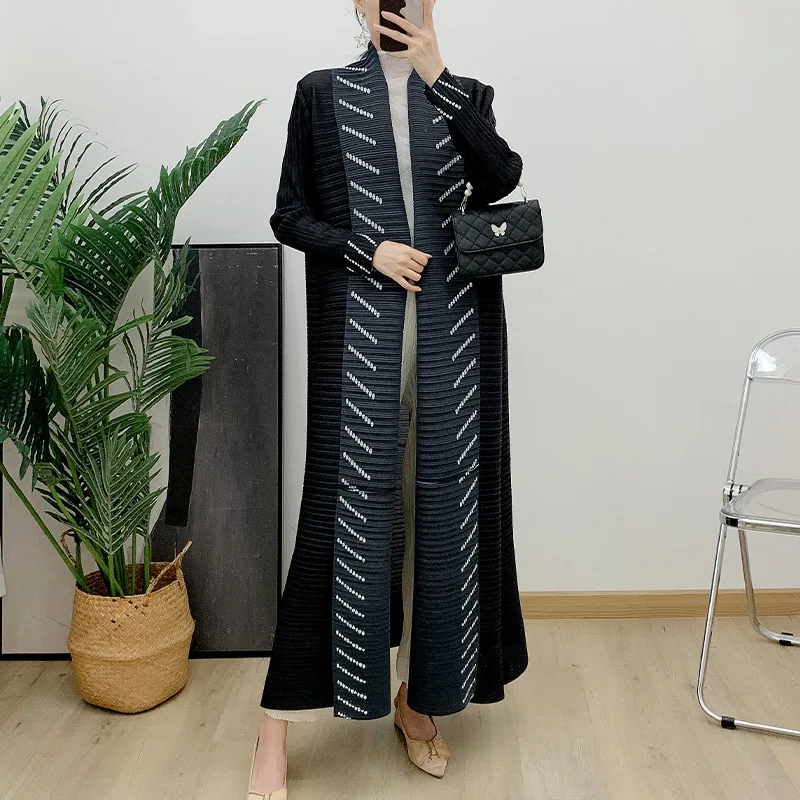 

Miyake Pleated Turndown Collar Vintage Printed Long Sleeve Dress Women 2024 New Original Designer Abaya Fashion Classical Coats