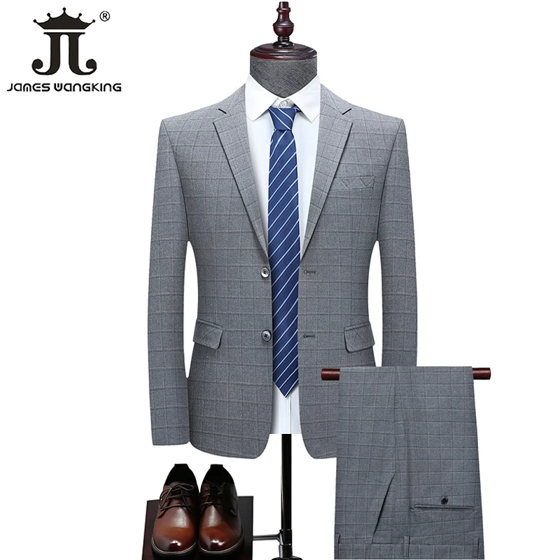 Men's Business Casual Wedding Groom Party Twopiece Blazer Trousers Slim Suit Male Solid Color Plaid Stripes Suit Jacket Pants