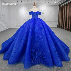 Gorgeous Quinceanera Dress Blue Floral Print Organza Off Shoulder DY9973