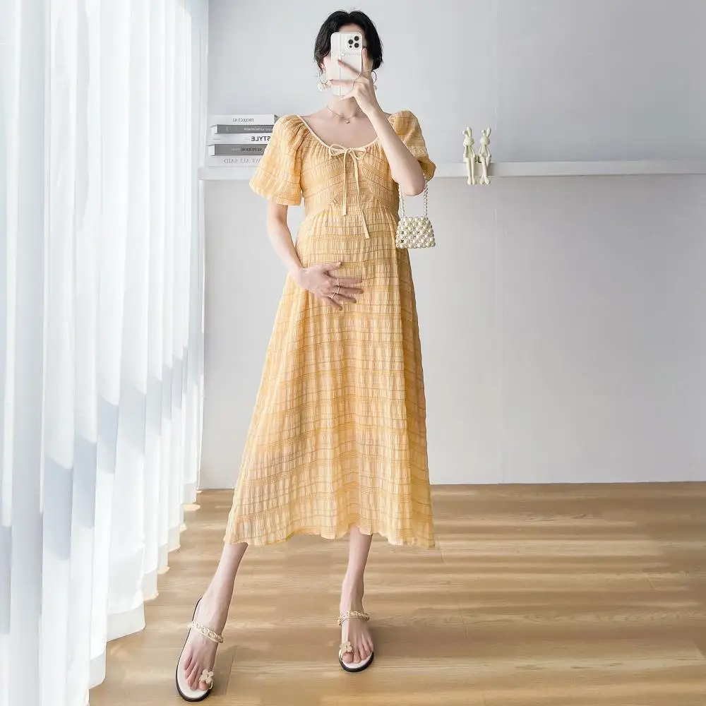 

2023 Summer Maternity Pleated Dress Puff Sleeve O-Neck High Waist Pregnant Woman Chiffon Dress Yellow Pregnancy Beach Dress Cute
