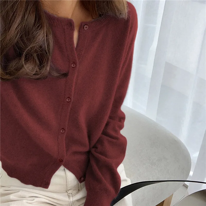 여성용 단색 니트 가디건, 한국 싱글 브레스트 긴팔 점퍼, 라운드 넥, 올 매치 가디건, 아웃웨어 2024