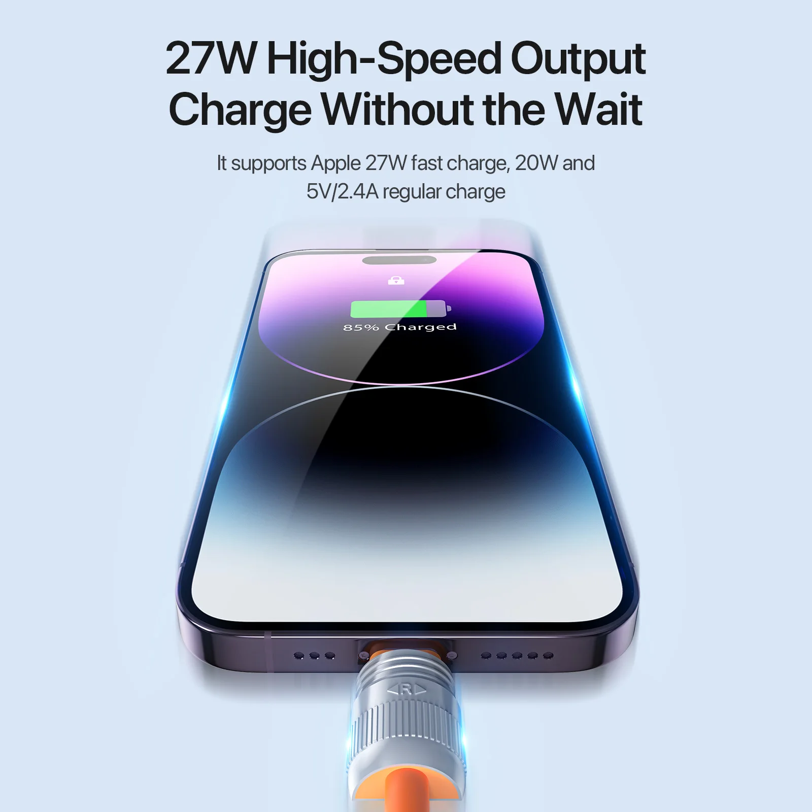 PD 27W USB-C-라이트닝 고속 충전 데이터 케이블, 아연 합금 실리콘 끈 디자인, iPhone 14/13/12 시리즈와 호환 가능