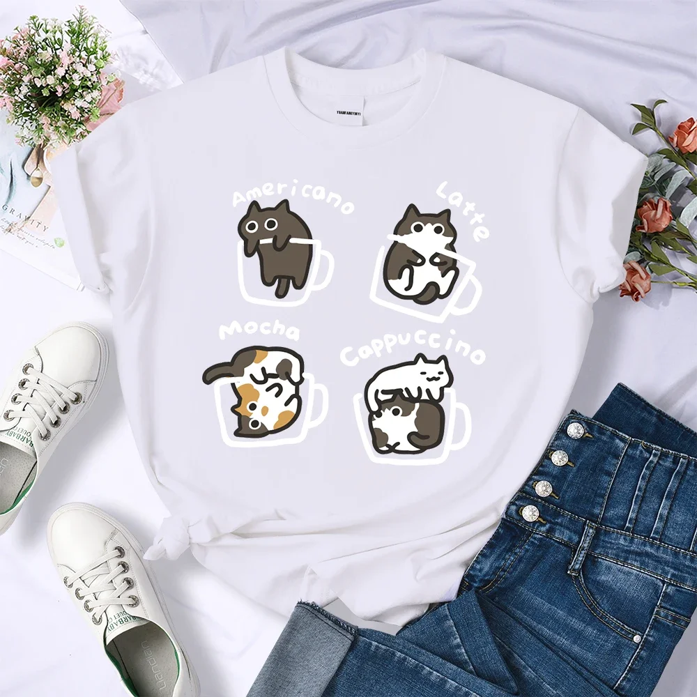Cat Coffee Art Letter Printed T-shirt Women Breathable O-Neck Short Sleeve T Shirt Female Loose Streetwear Casual Clothes Tops 2