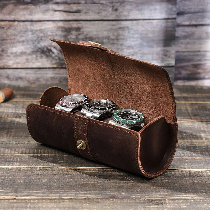 3-Slot Watch Roll Travel Case Portable Vintage Leather Watch Display Case Storage Box Organizers of Men Gift