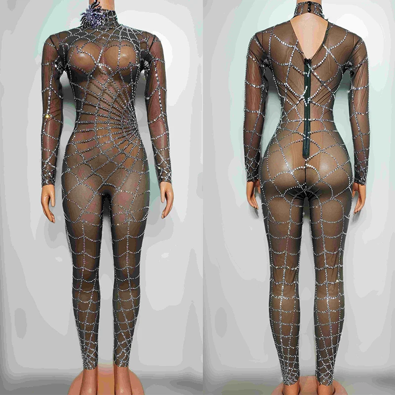 

Sexy Transparent Mesh Jumpsuit Web Rhinestones Pole Dance Costume Singer Stage Wear Clubwear Drag Queen Show Bodysuit VDB7934