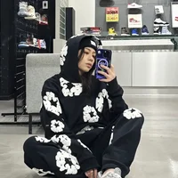 Fashion Flower New Mens Womens Same Foam Kapok Printing Long-sleeved Fleece Hooded Sweater Casual Loose Sweatpants Set 1