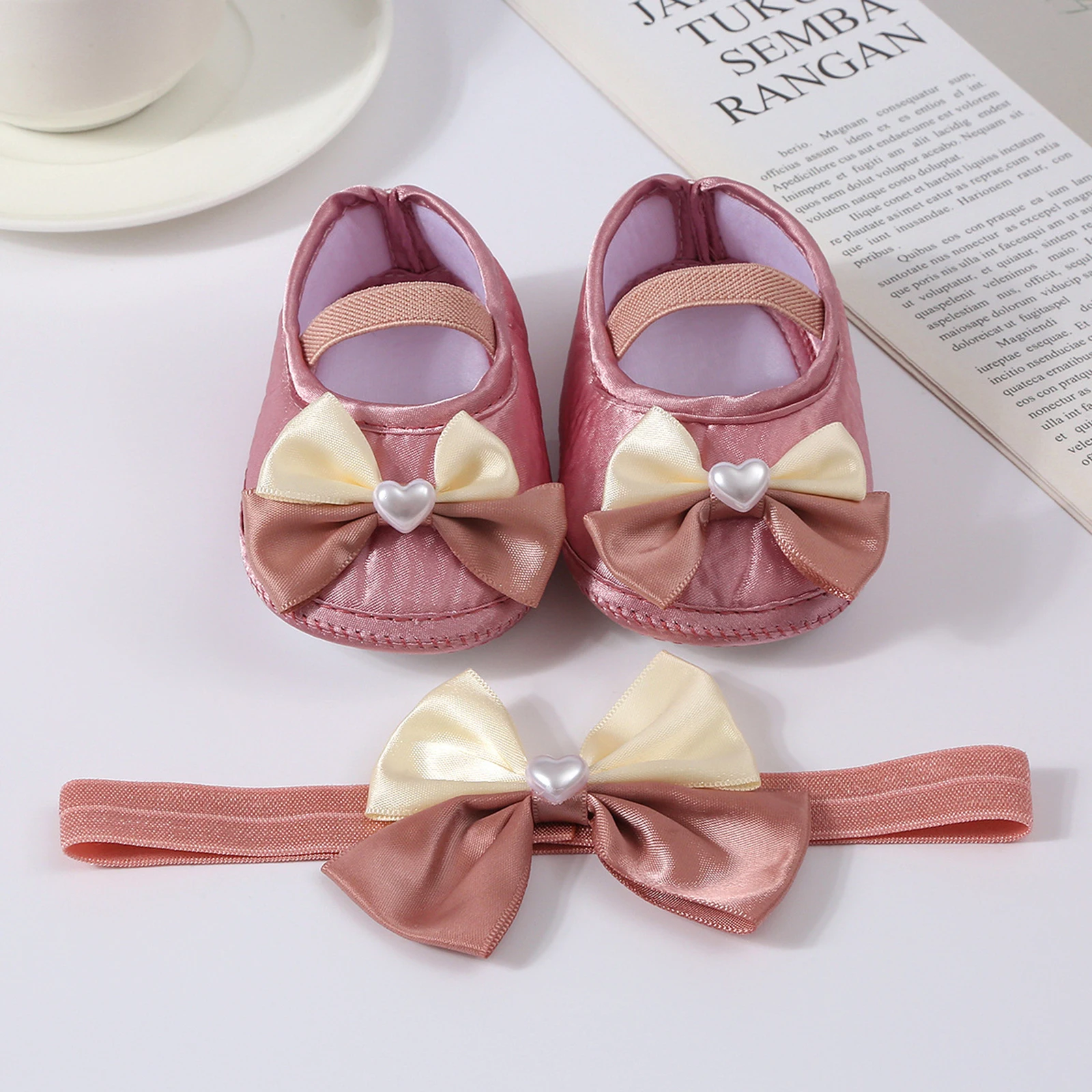 Baby Girls Baptism Shoes and Headband Cute Heart Pearl Bowknot Flats Crib Shoes and Hairband Set for Infants Toddlers