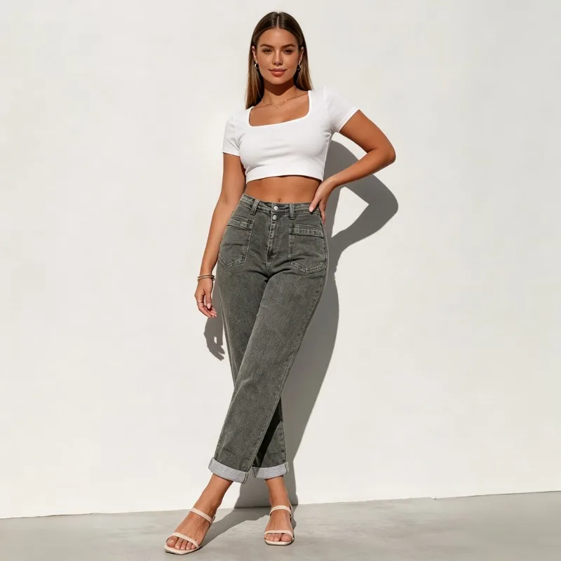 Jean évasé rétro ample en denim épais pour femme grande taille, style streetwear américain, décontracté et tendance
