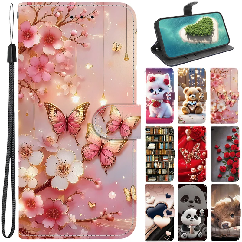 Cat Bear Wallet Flip Stand Case with Strap - Stylish Protective Cover