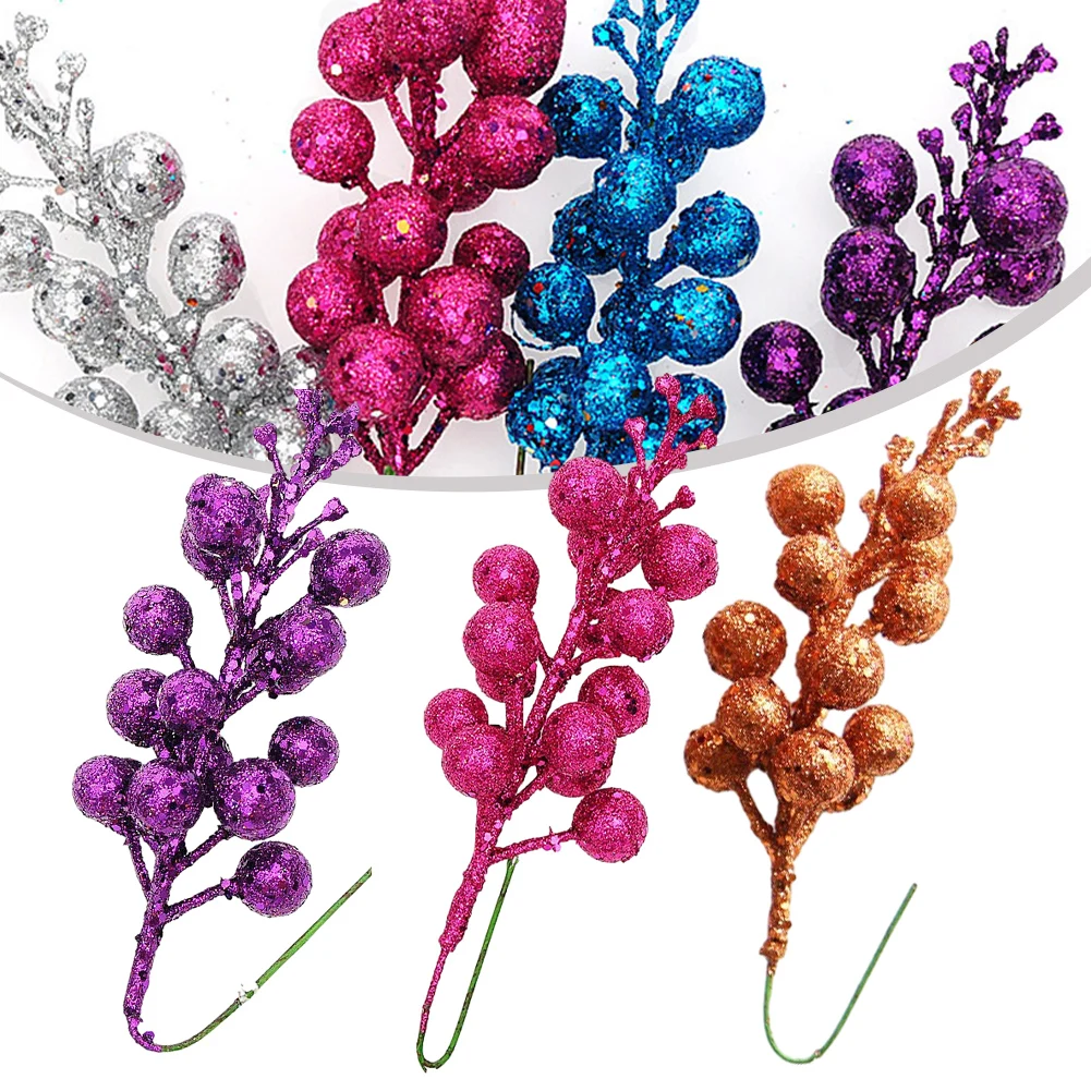 3pcs Artificial Christmas Glitter Berries Stems Xmas Tree Wreath