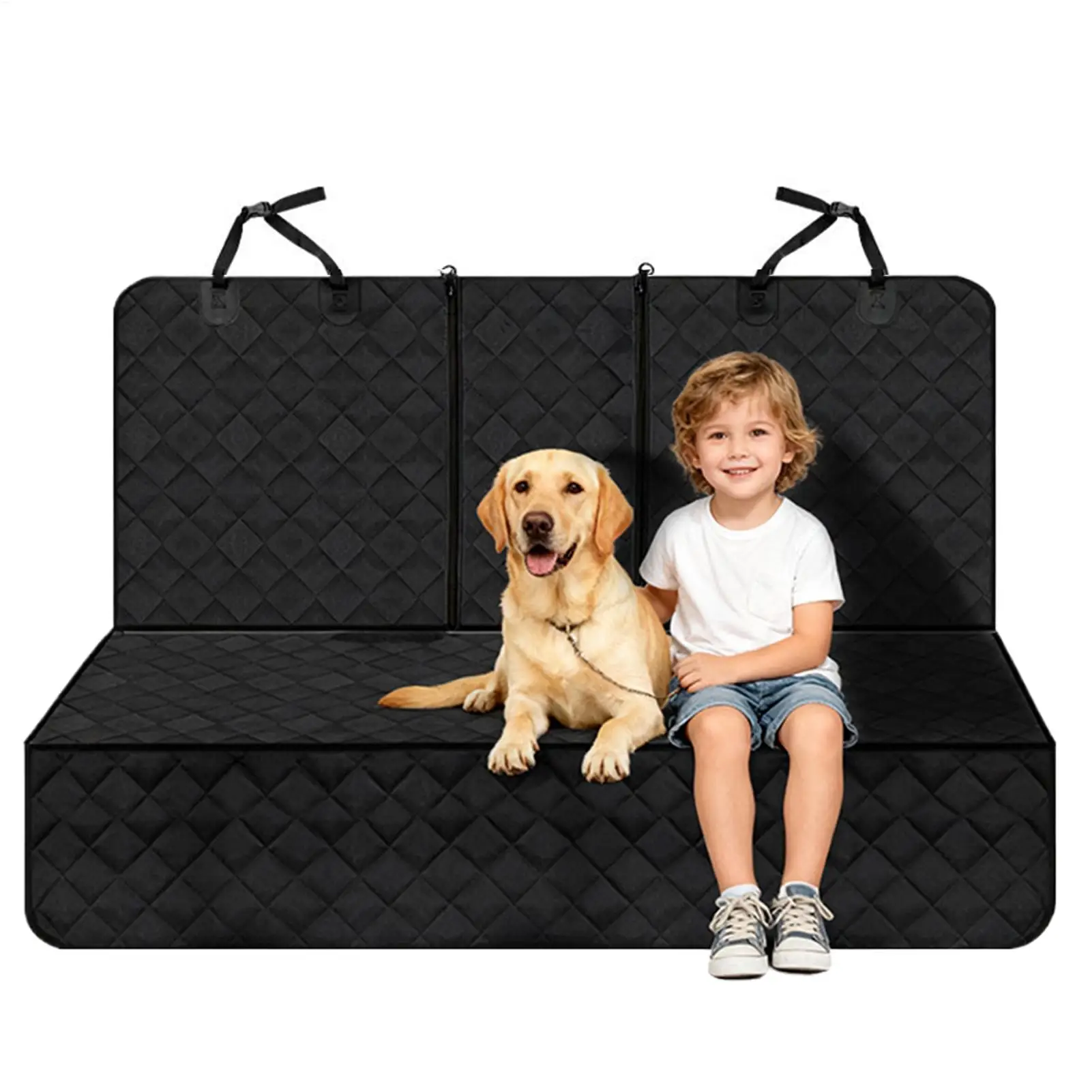 방수 강아지 시트 커버 (이중 지퍼 & 조절 가능한 스트랩 포함) 자동차 내부 액세서리용 풀 커버리지 뒷좌석 보호대