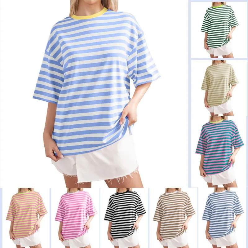 

2024 Women's Summer New Simple Home Casual Stripe Printed Round Neck 5/4 Sleeve T-Shirt