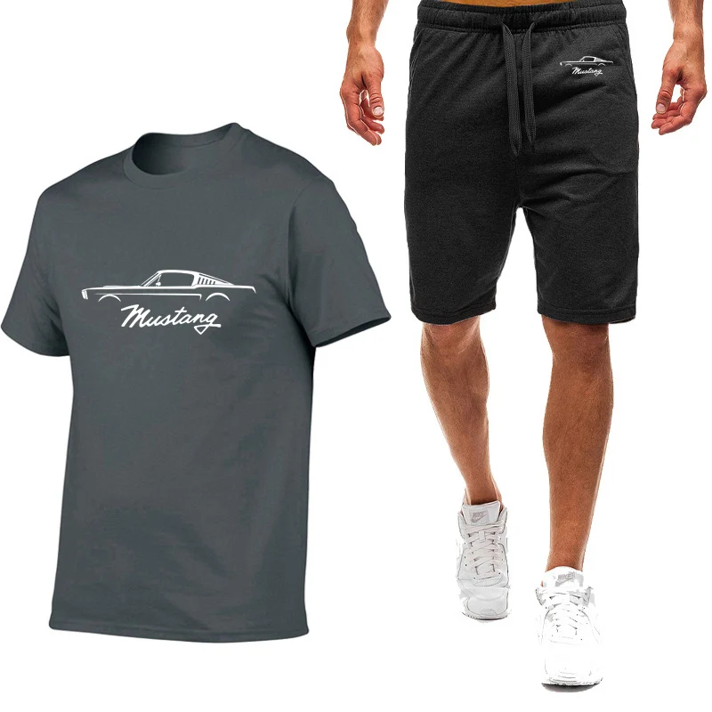 2023 Man Mustang Car Logo Printing Nine Color Short Sleeved Suit Summe New Sport T-Shirt Comfortable Casual Shorts 2-piece Set