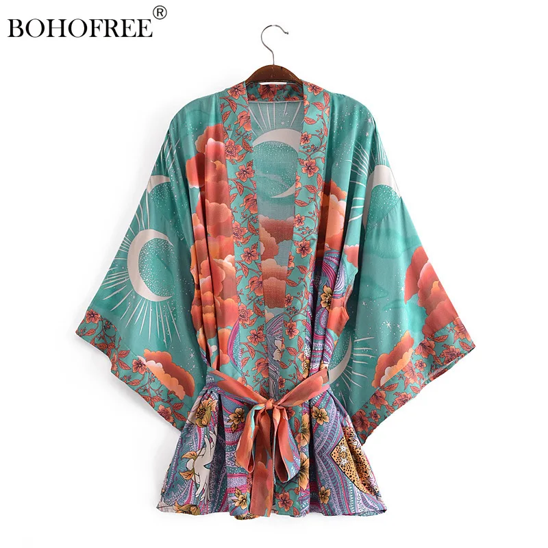 

Boho Robes Moon Print Short Open Stitch Cover Ups Rayon Cotton Kimonos Blusas Bohemian Clothing Women