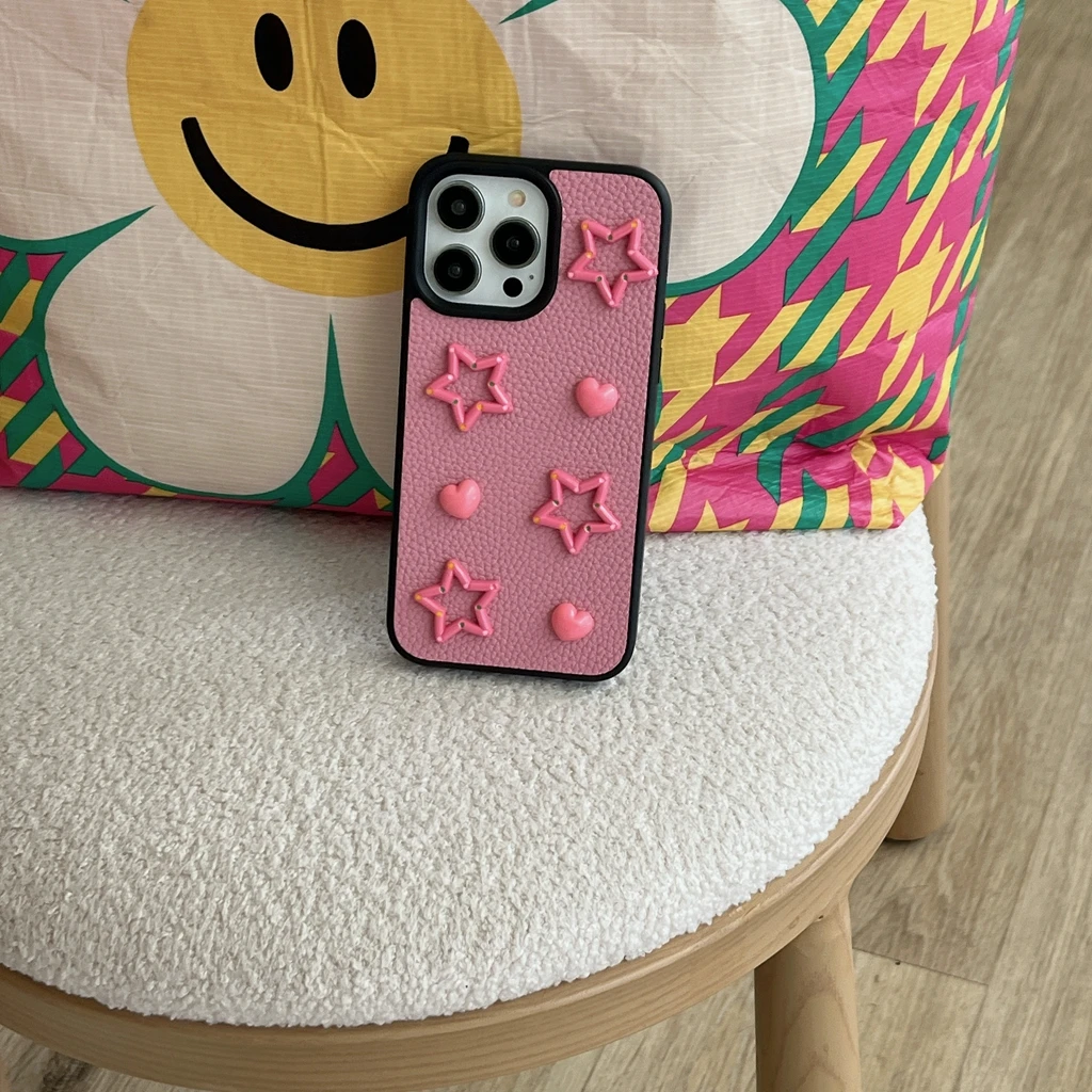

Кожаный чехол для iPhone 15 14 13 12 Pro Max с изображением сердца звёзд личи