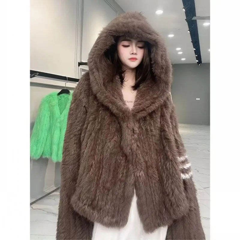 Customize Rabbit Fur Knitted Coat For Women Fashion Long Sleeves Rabbit