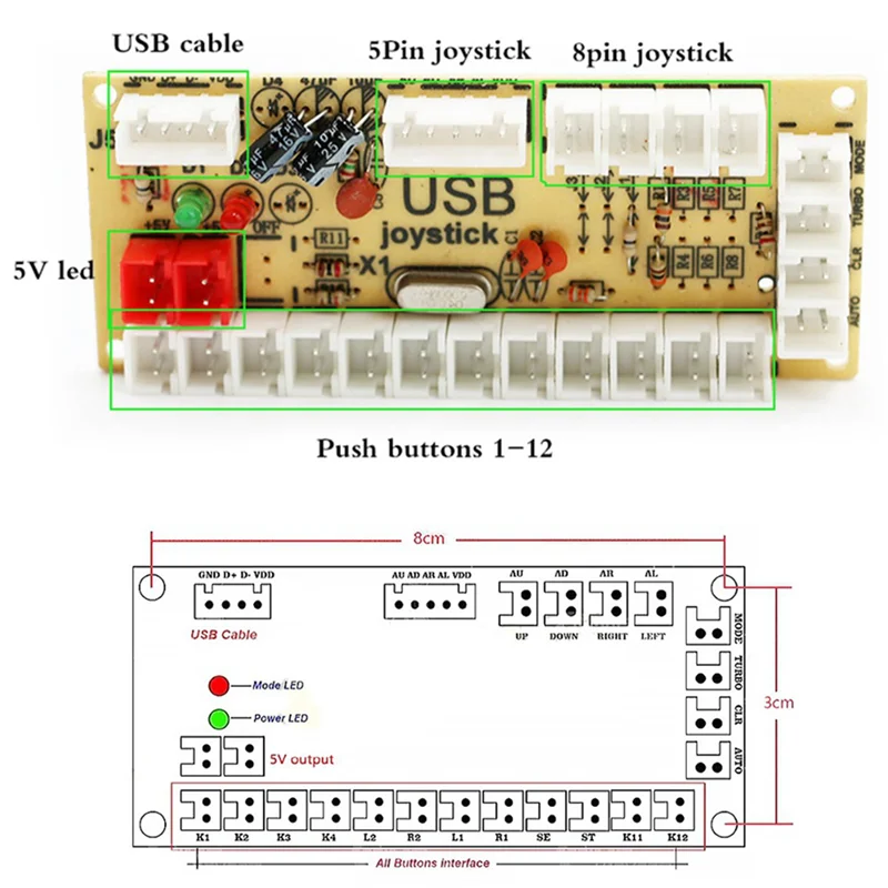 ABVO-2X 5V LED 제로 딜레이 보드 아케이드 게임 USB 인코더 PC용 라즈베리 파이 조이스틱 제어 푸시 버튼 연결 케이블