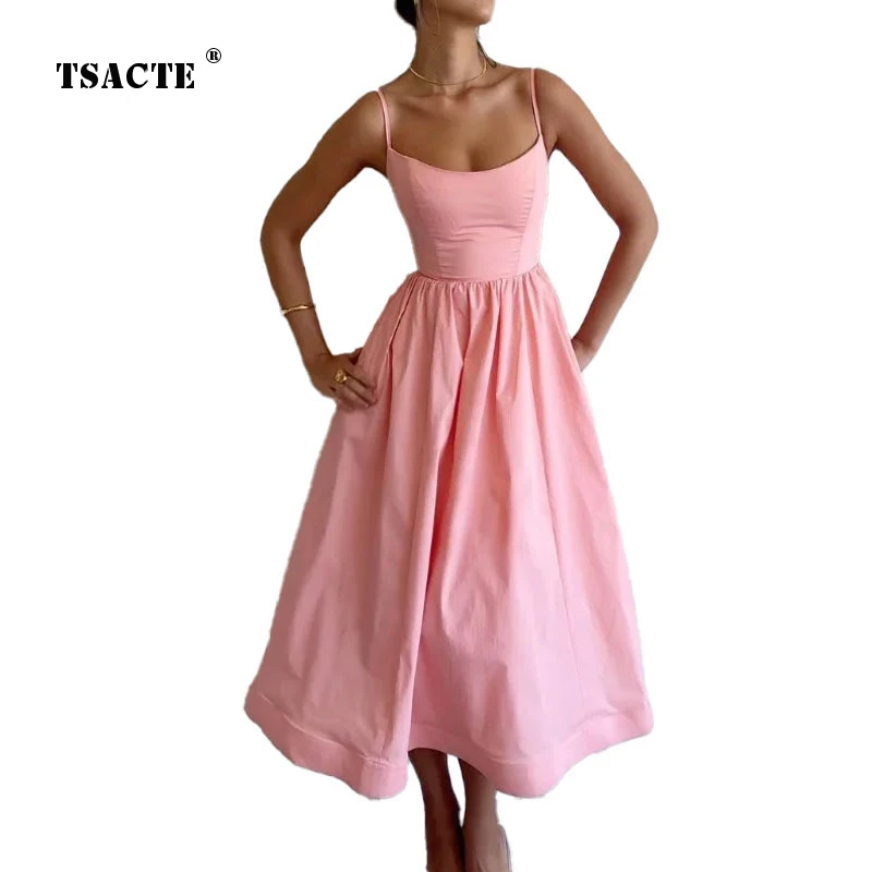

Solid Color Sexy U-neck Waist Cinched Pleated Suspender Big Hem Dress 2024 Spring New Party Elegant Splicing Fashion Womens Wear