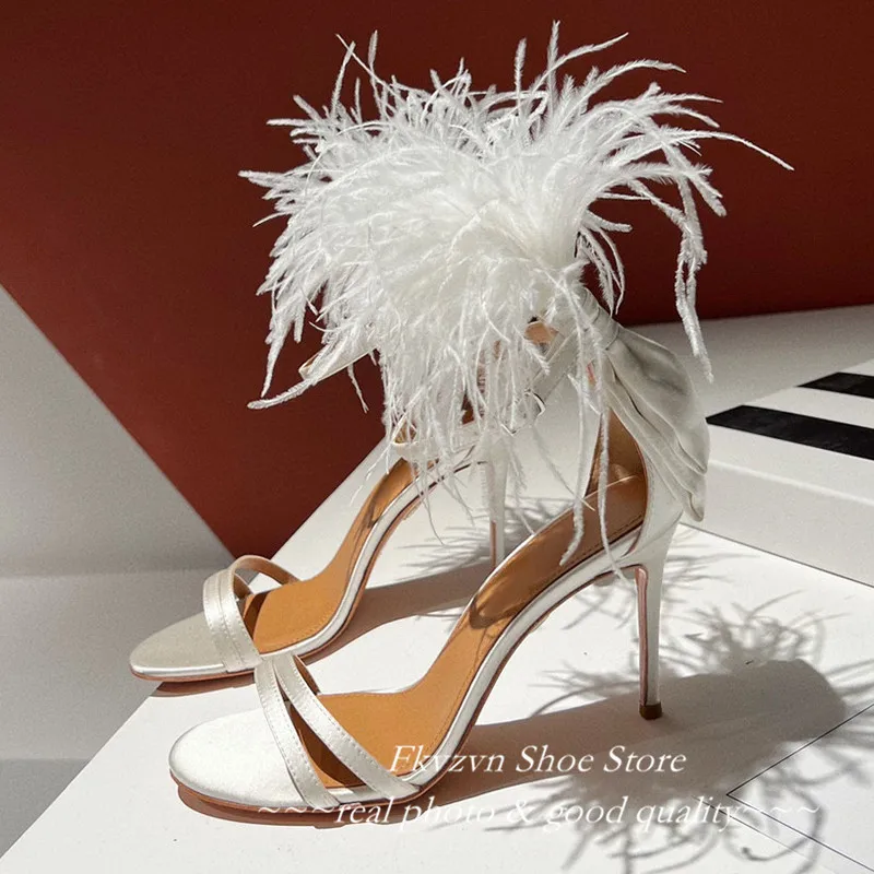 Sexy Peep Toe Feather Sandals High Heels Party Shoes Ankle Strap Gladiator Stiletto Summer White Shoes For Women Zapatos Mujer