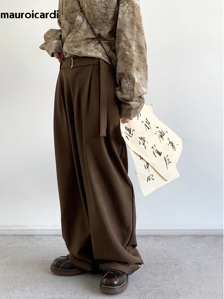 Mauroicardi Spring Autumn Long Coffee Flowy Baggy Wide Leg Pants for Mens Belt Korean Fashion Loose Casual Soft Trousers 2024 5