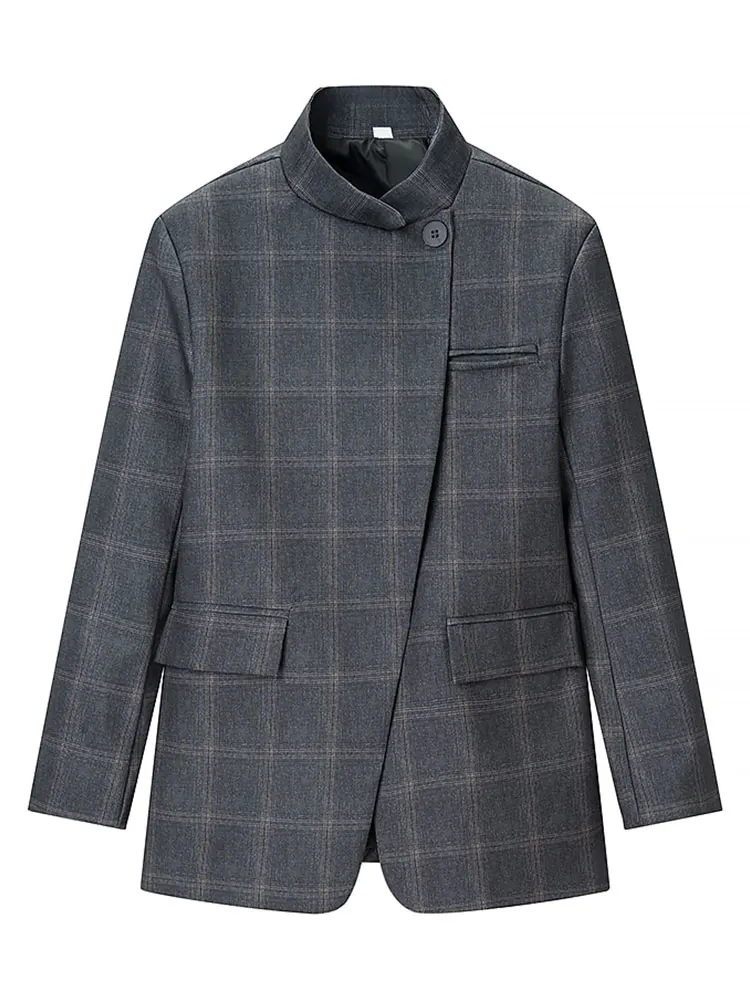 Plaid Stand-Collar Blazer with Single Button for Smart Casual Outfits — photo 2