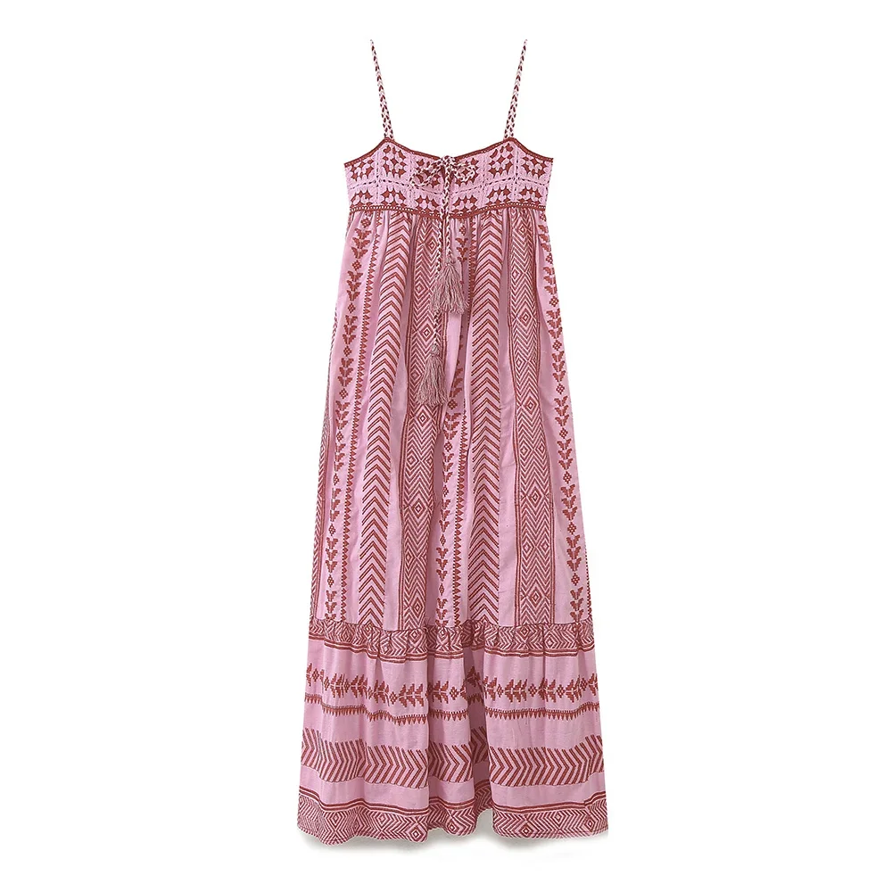 

Women's new fashion lace up decoration loose crochet patchwork knitted suspender midi dress retro backless women's dress Mujer